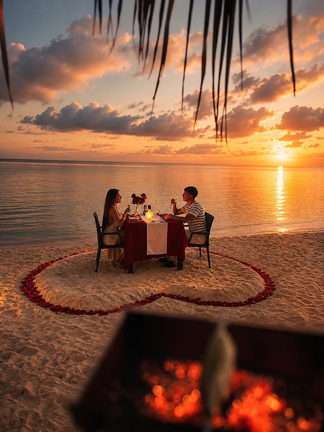A candlelit dinner for two set on the sand at Nala Bistro as the sun sets over the Indian Ocean